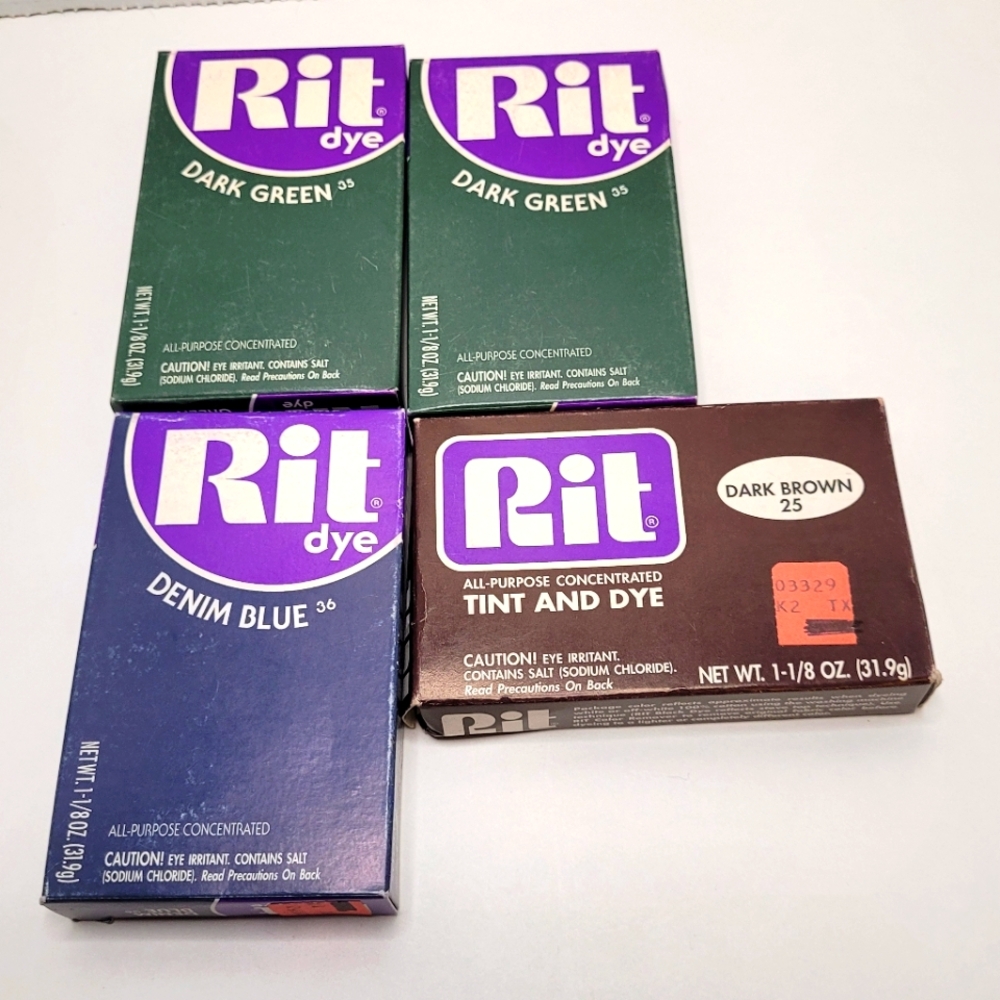 Rit Dye Powder Lot of Four with 1 Denim Blue 1 Dark Brown and 2 Dark Green NWT